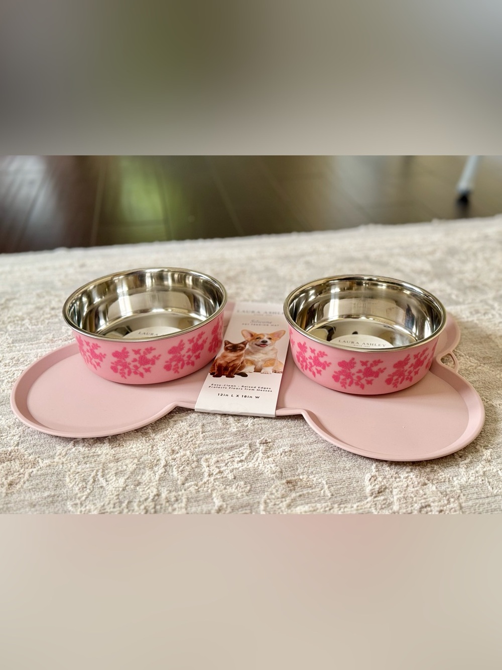 Laura Ashley Pink Floral 3-Pc Pet Bowls & Mat Set